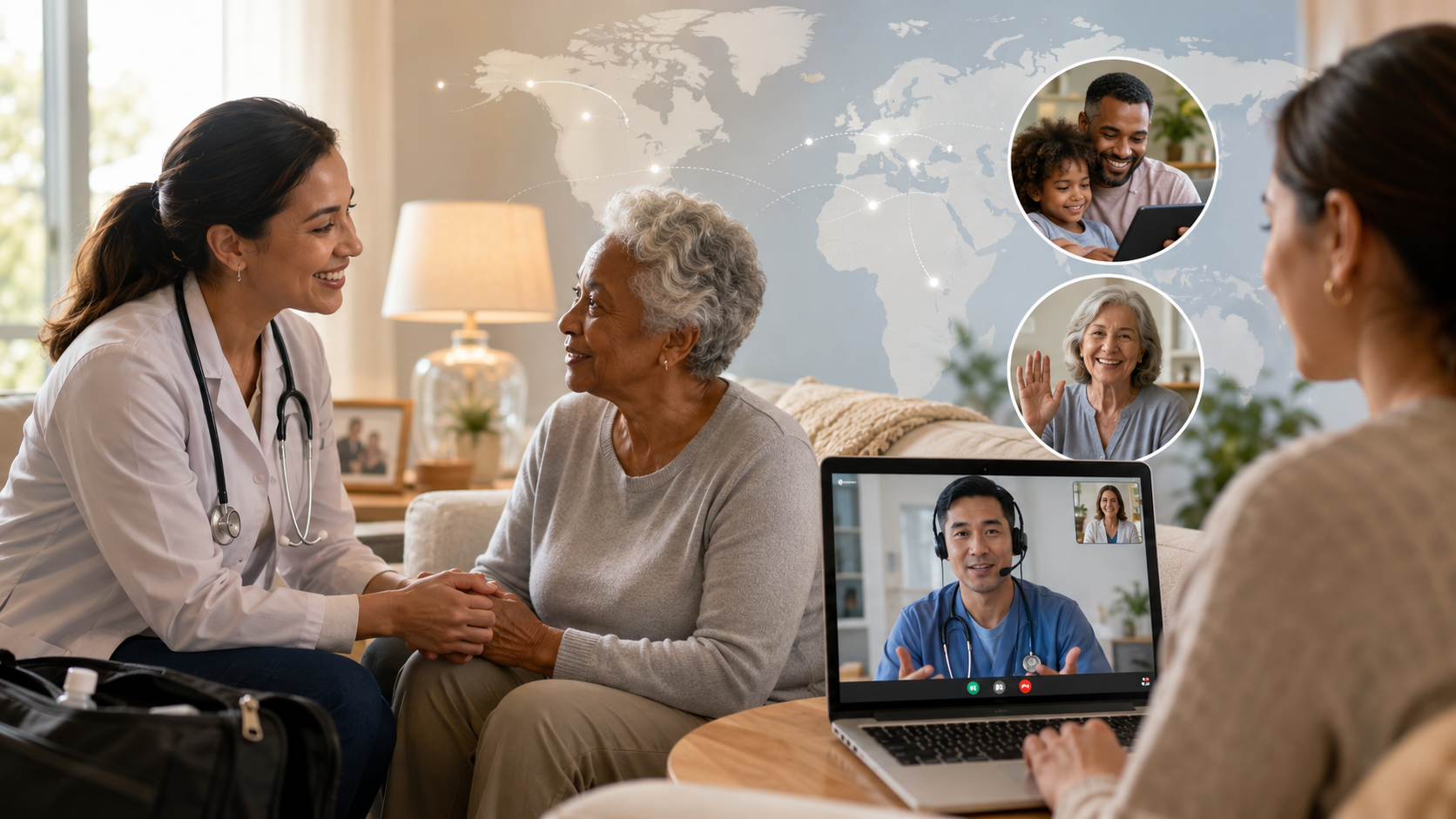 Concierge physician with a patient at home alongside global telehealth visits